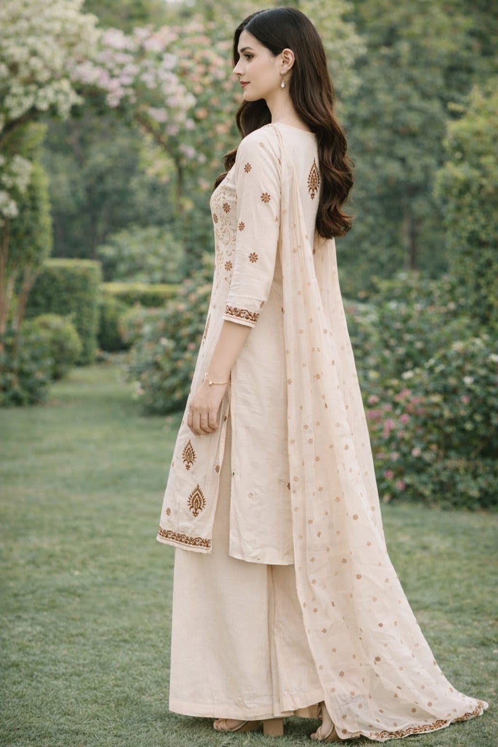Pastel Cream Handblock Straight Kurta Set with Sequin & Kantha Work
