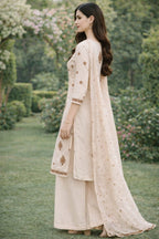 Pastel Cream Handblock Straight Kurta Set with Sequin & Kantha Work