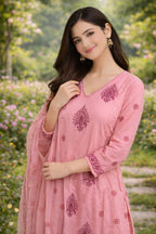 Pastel Pink Handblock Straight Kurta Set with Sequin & Kantha Work