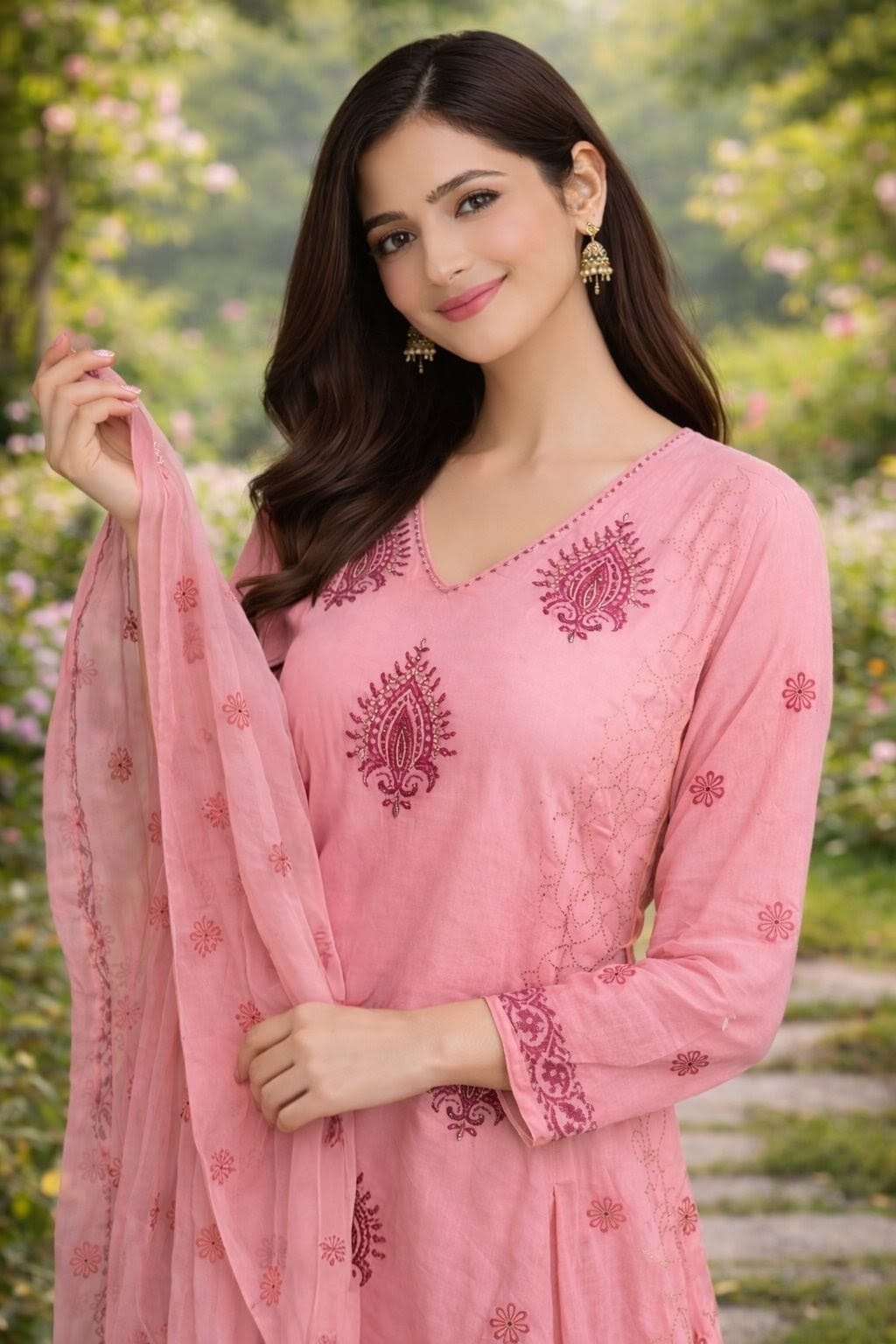 Pastel Pink Handblock Straight Kurta Set with Sequin & Kantha Work