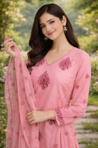 Pastel Pink Handblock Straight Kurta Set with Sequin & Kantha Work