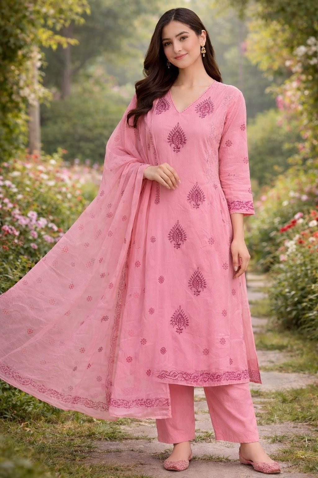 Pastel Pink Handblock Straight Kurta Set with Sequin & Kantha Work