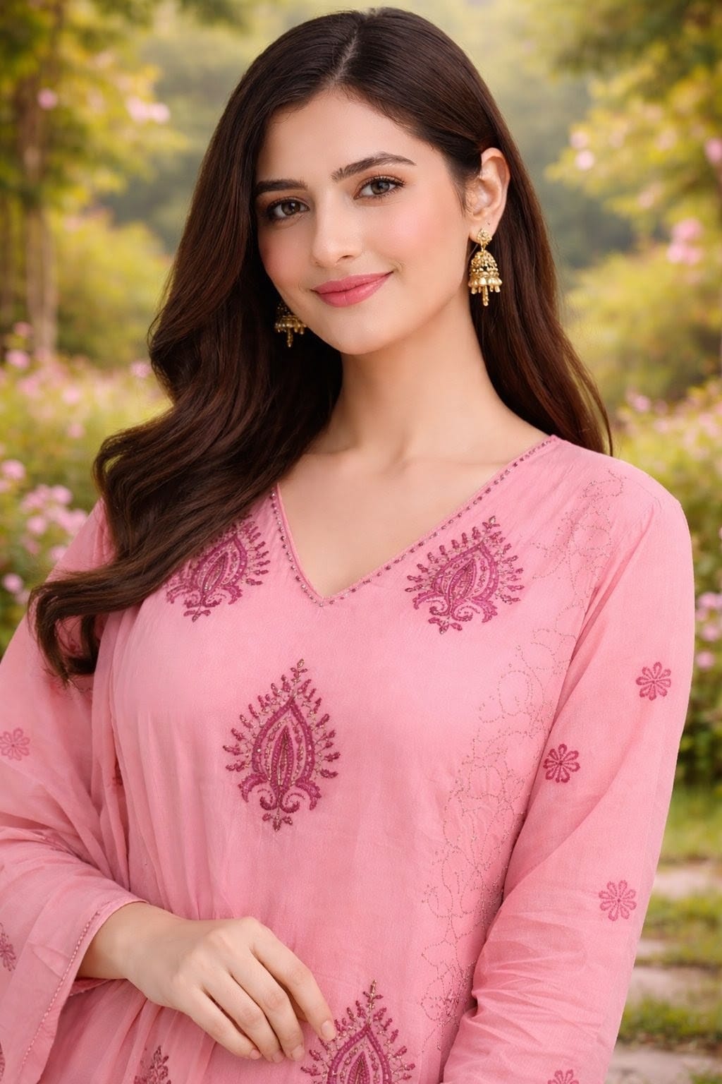 Pastel Pink Handblock Straight Kurta Set with Sequin & Kantha Work