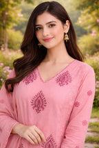 Pastel Pink Handblock Straight Kurta Set with Sequin & Kantha Work