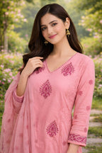 Pastel Pink Handblock Straight Kurta Set with Sequin & Kantha Work