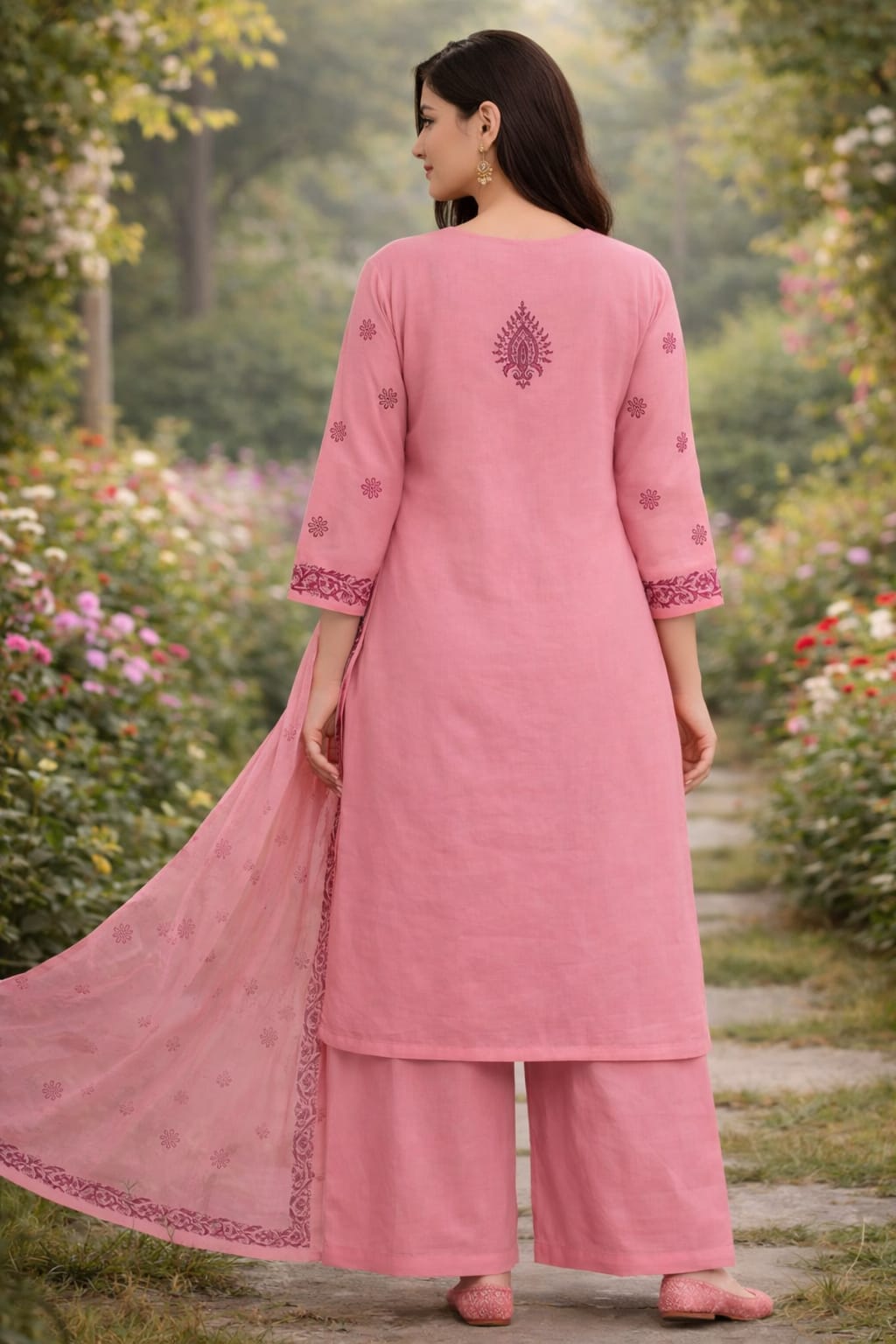 Pastel Pink Handblock Straight Kurta Set with Sequin & Kantha Work