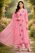 Pastel Pink Handblock Straight Kurta Set with Sequin & Kantha Work