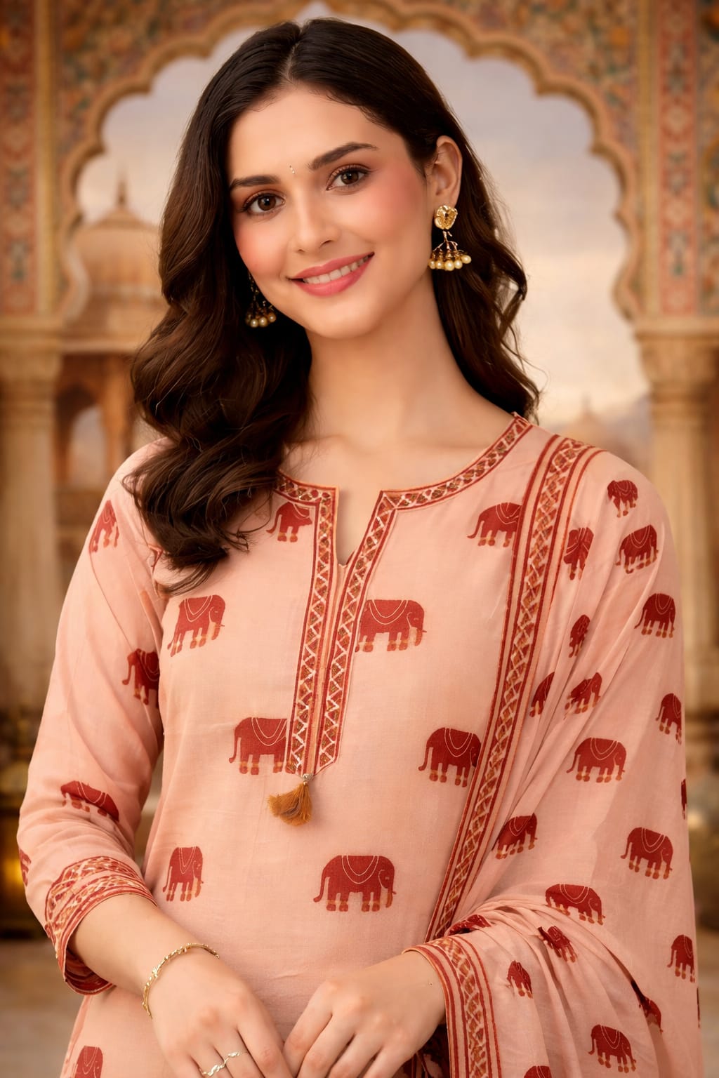 Pastel Peach Elephant Handblock Kurta Set with Sequin & Tassels