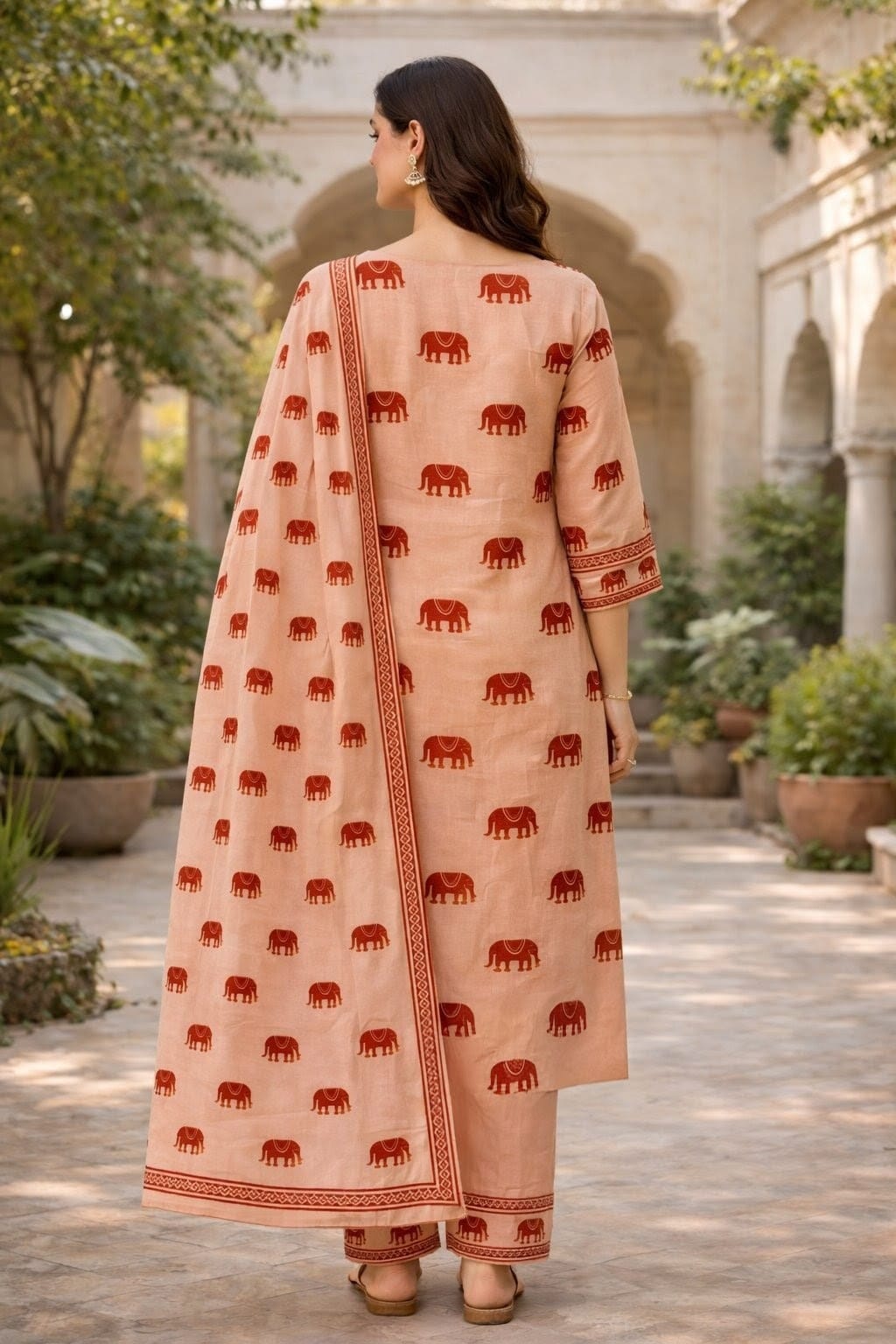 Pastel Peach Elephant Handblock Kurta Set with Sequin & Tassels