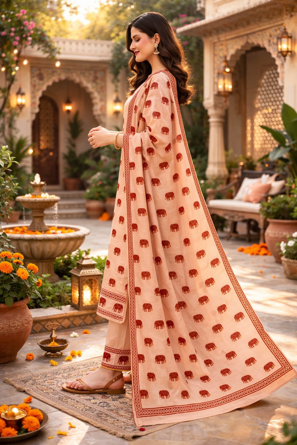 Pastel Peach Elephant Handblock Kurta Set with Sequin & Tassels