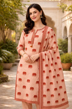 Pastel Peach Elephant Handblock Kurta Set with Sequin & Tassels
