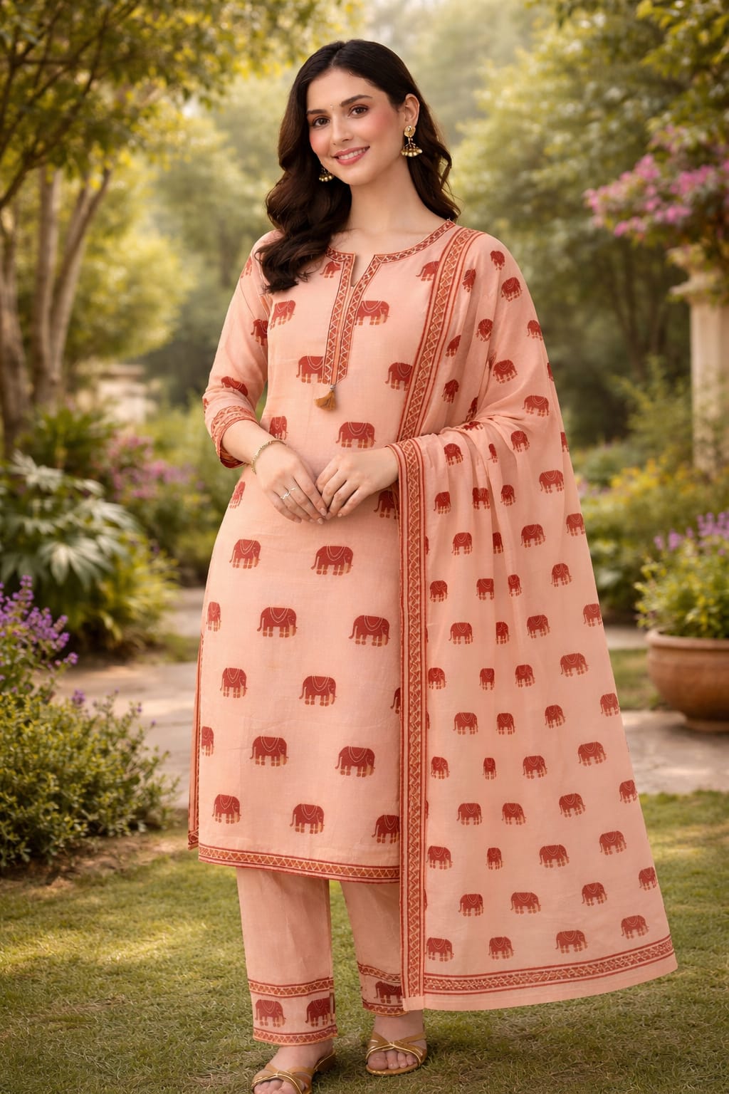 Pastel Peach Elephant Handblock Kurta Set with Sequin & Tassels