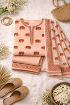 Pastel Peach Elephant Handblock Kurta Set with Sequin & Tassels