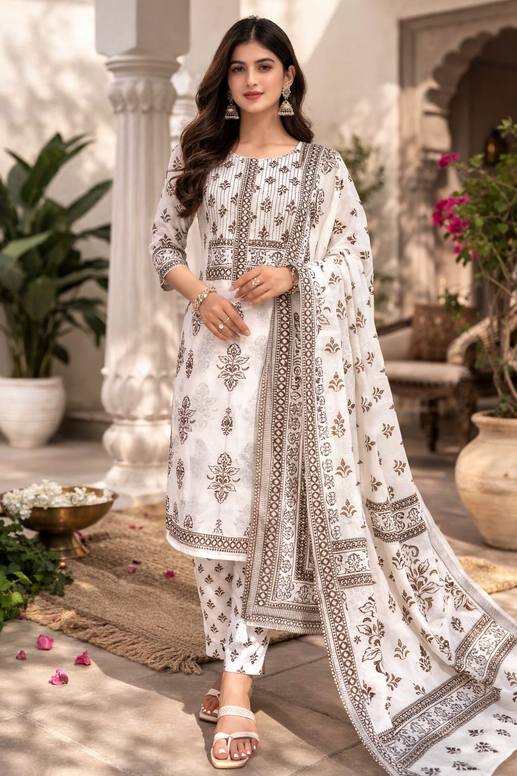 Off-White & Brown Handblock Printed Kurta Set with Sequin Detail (3 Pcs)