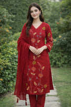 Red Floral Embroidered Kurta Set with Dupatta