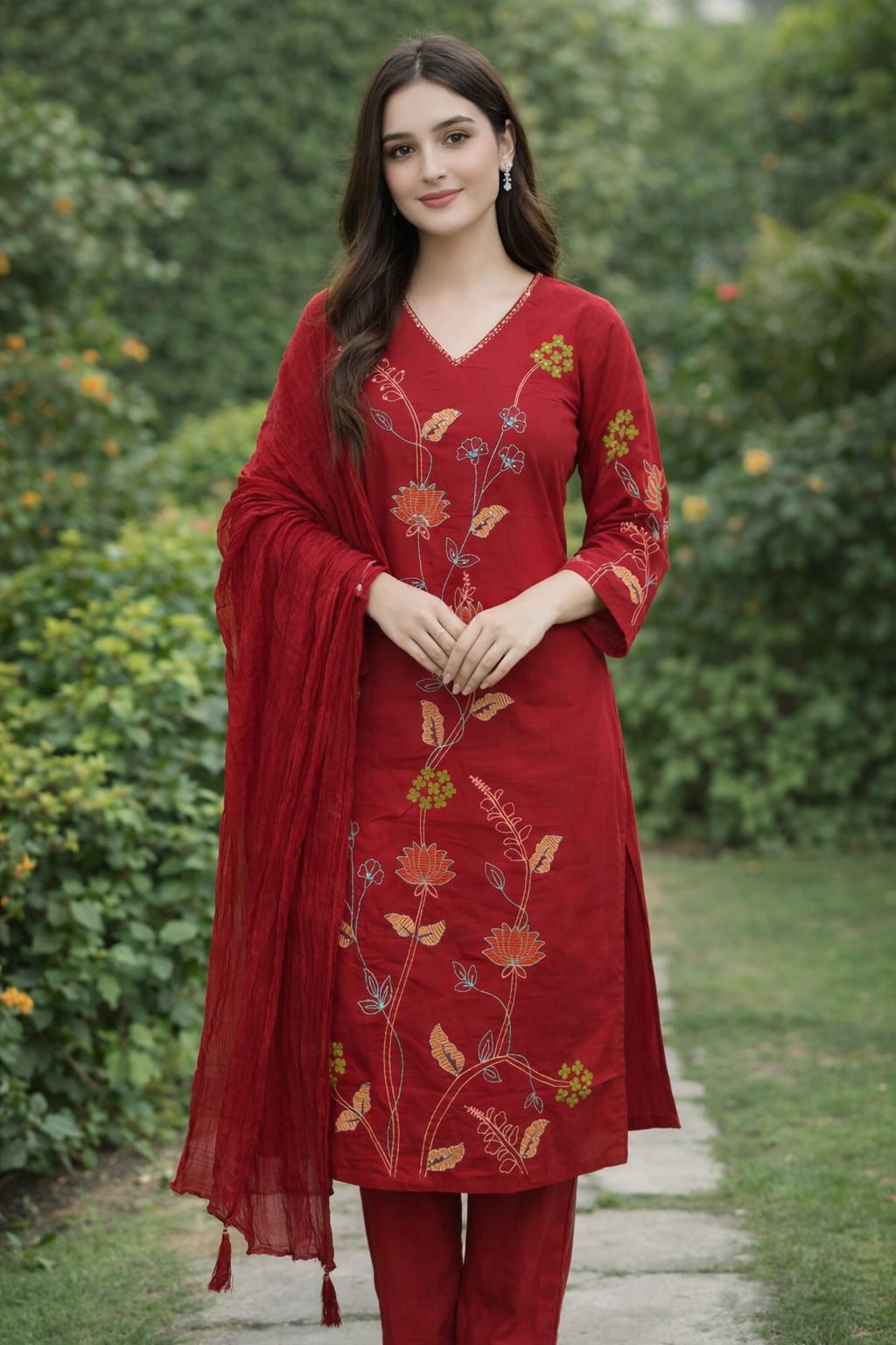 Red Floral Embroidered Kurta Set with Dupatta