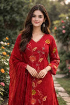 Red Floral Embroidered Kurta Set with Dupatta