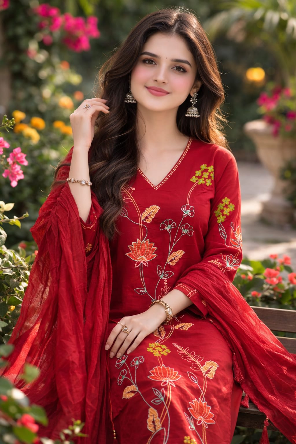 Red Floral Embroidered Kurta Set with Dupatta