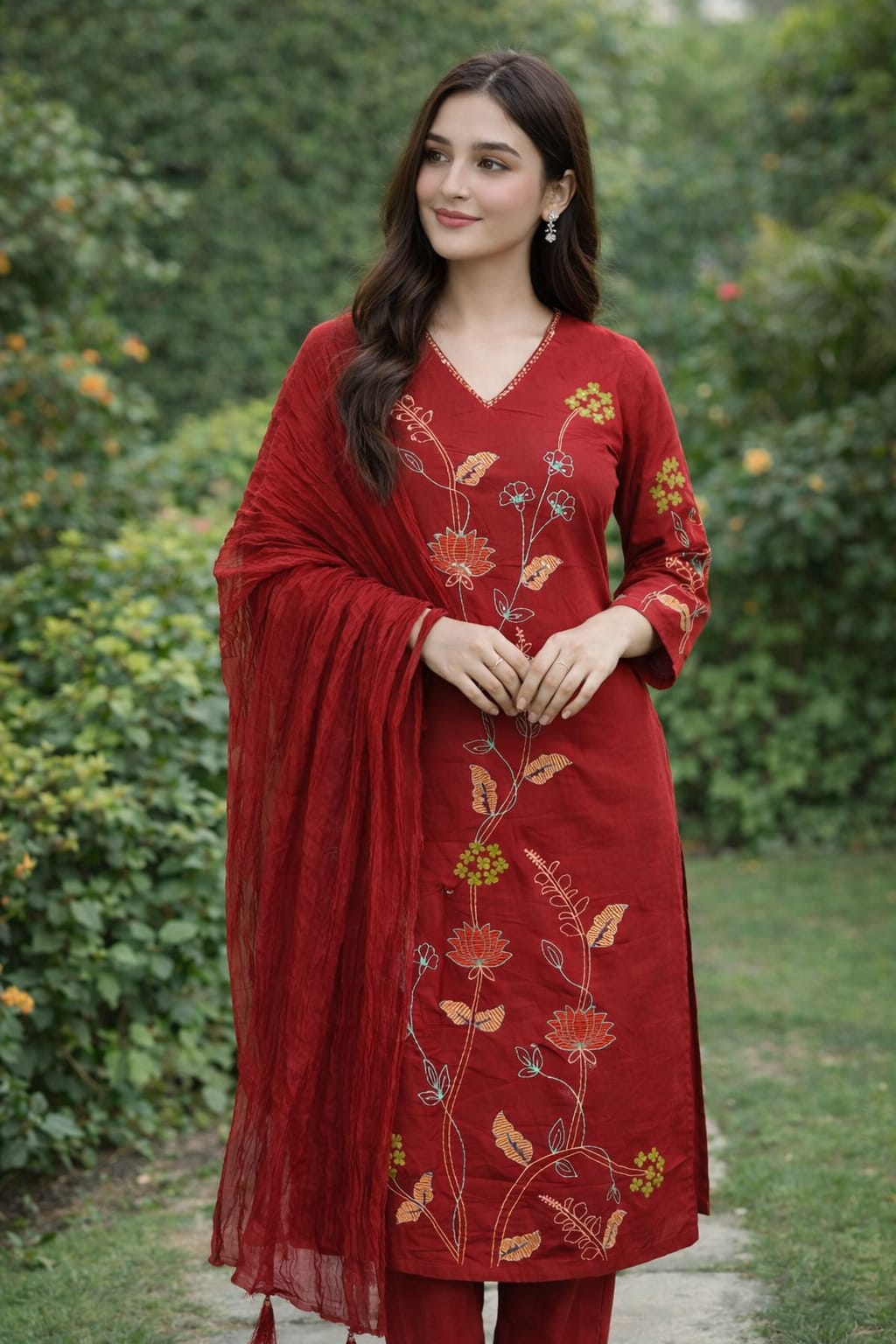 Red Floral Embroidered Kurta Set with Dupatta