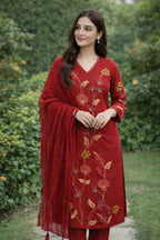 Red Floral Embroidered Kurta Set with Dupatta