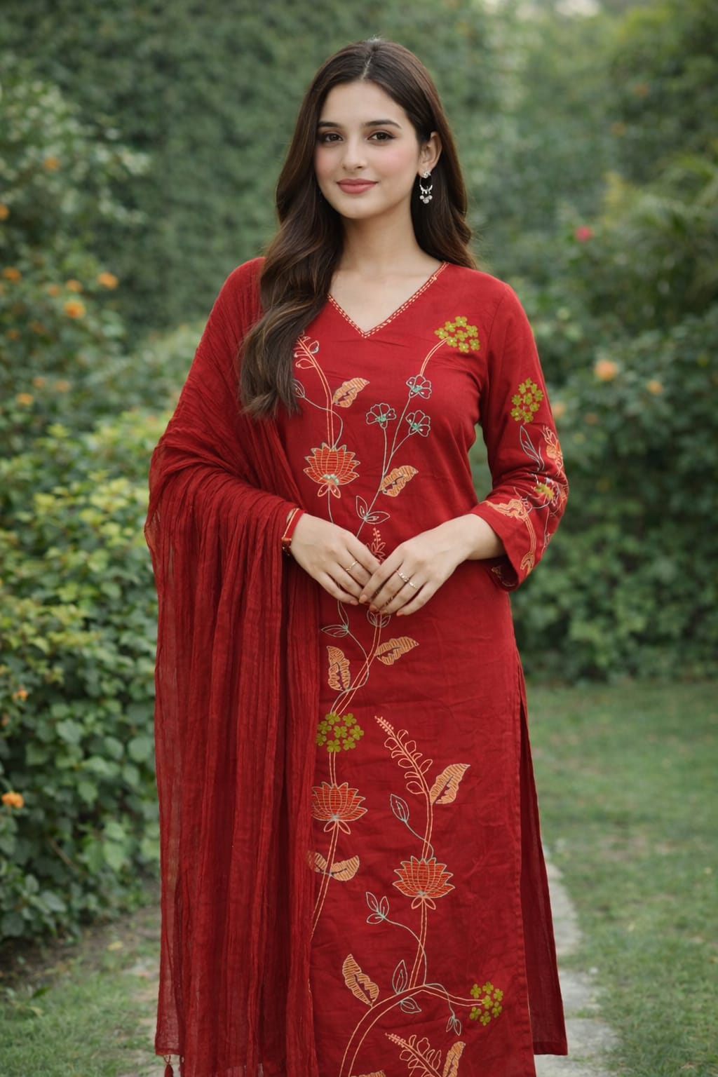 Red Floral Embroidered Kurta Set with Dupatta