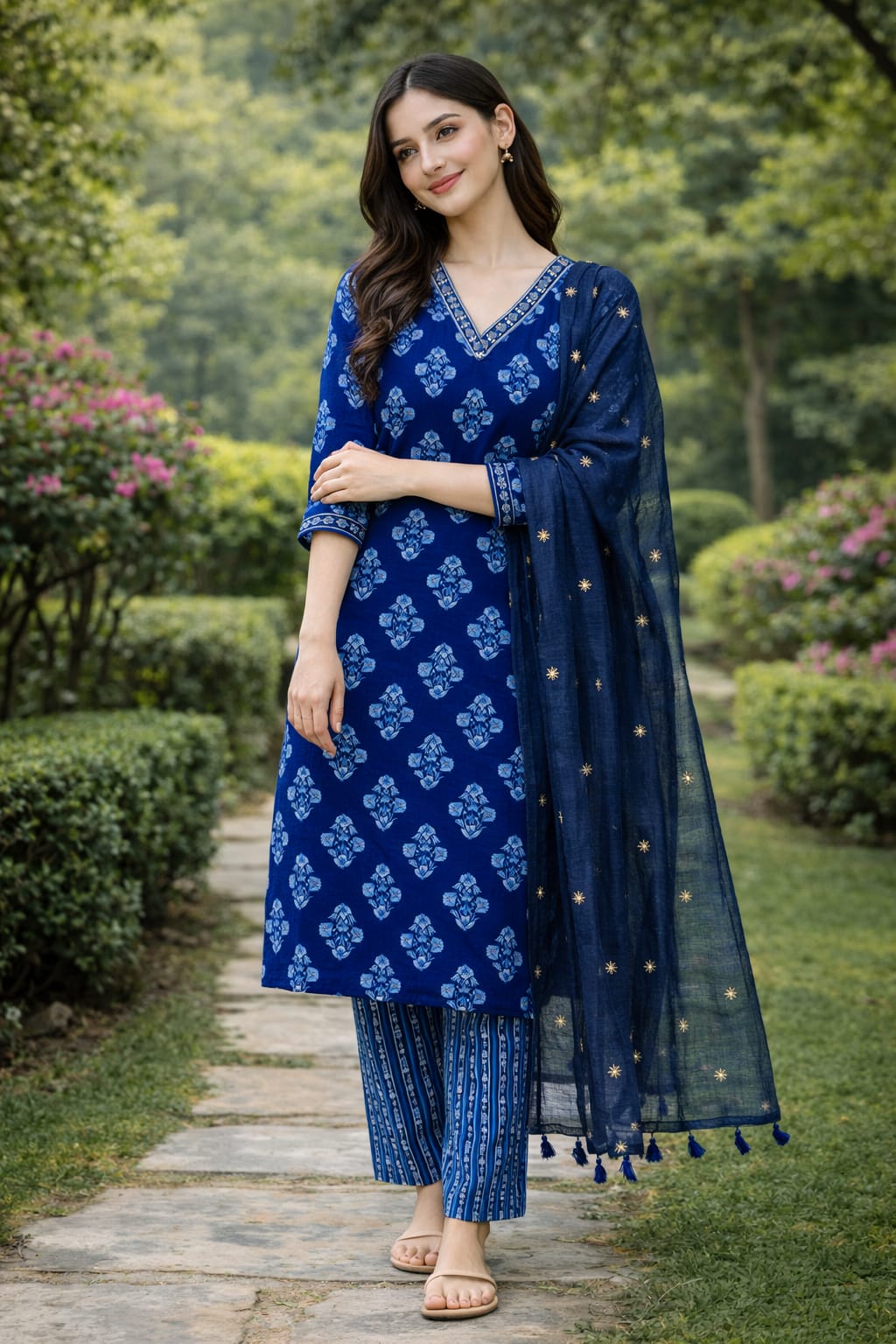 Blue Handblock Printed Kurta Set with Kota Doriya Dupatta