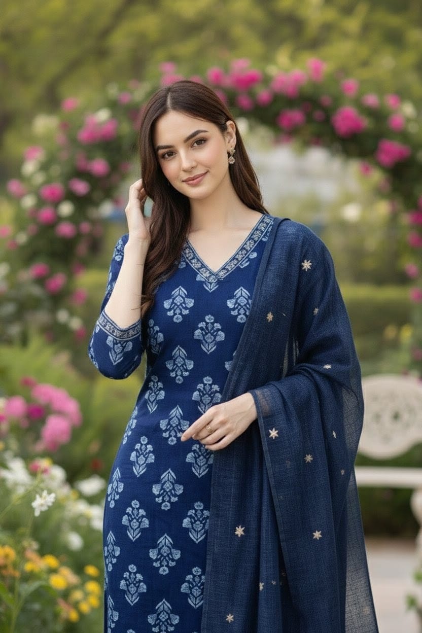 Blue Handblock Printed Kurta Set with Kota Doriya Dupatta