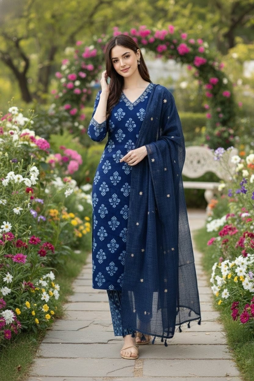 Blue Handblock Printed Kurta Set with Kota Doriya Dupatta