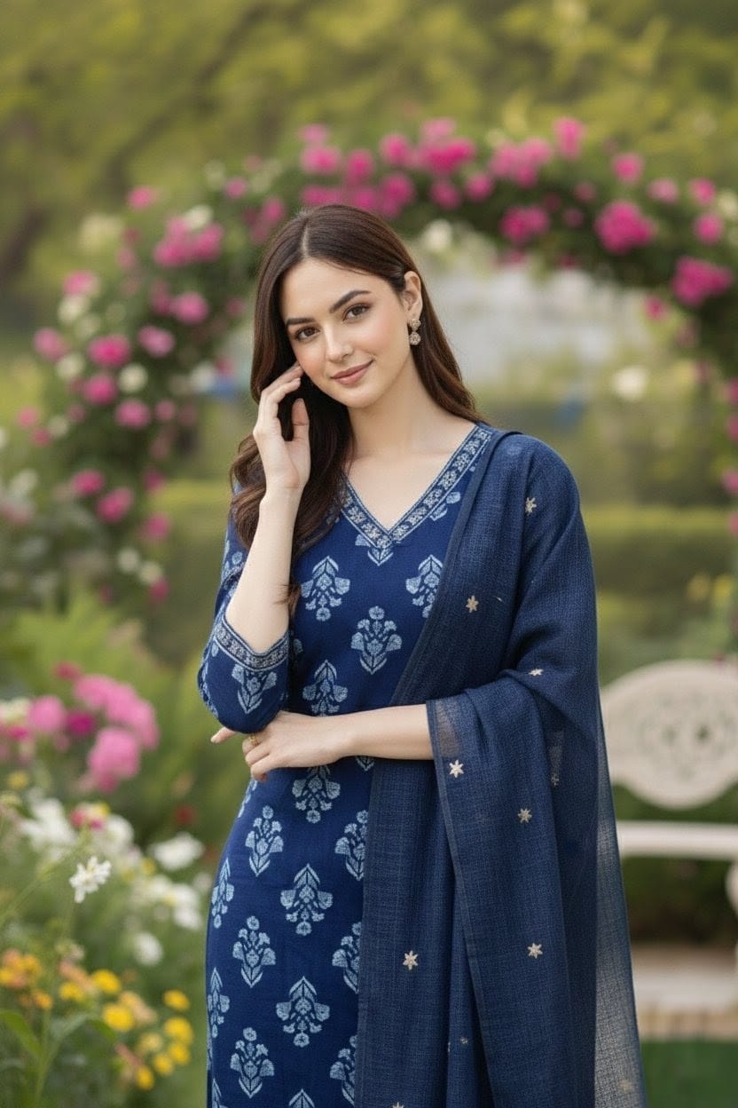 Blue Handblock Printed Kurta Set with Kota Doriya Dupatta