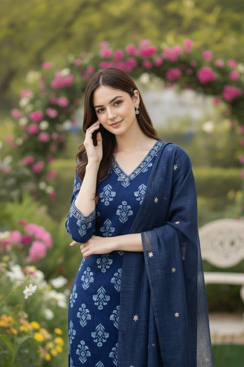 Blue Handblock Printed Kurta Set with Kota Doriya Dupatta
