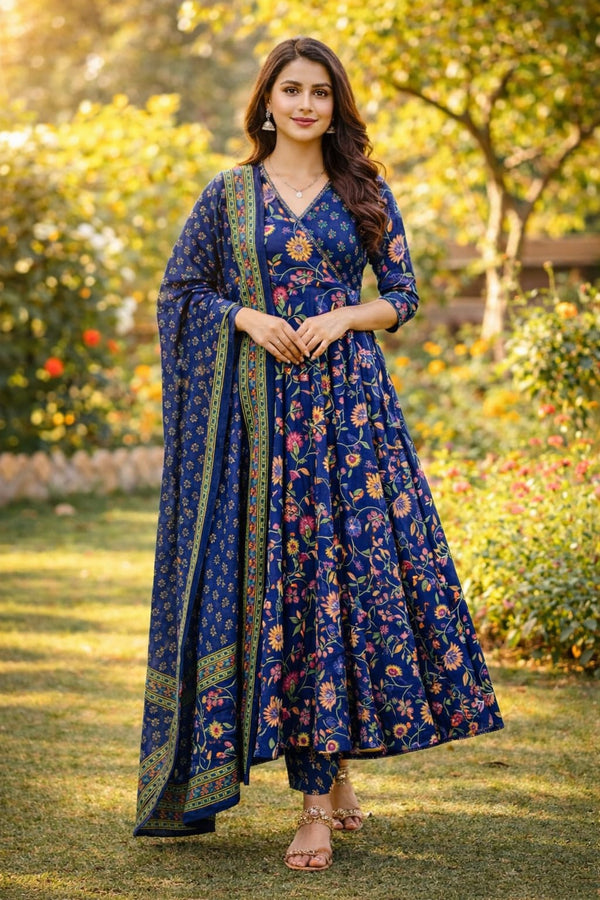 Navy Blue Floral Anarkali Kurta Set with Dupatta