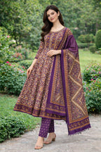 Purple Floral Printed Cotton Anarkali Set with Dupatta