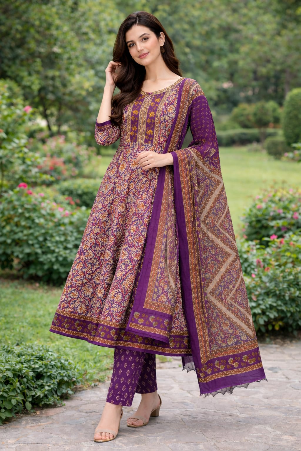 Purple Floral Printed Cotton Anarkali Set with Dupatta