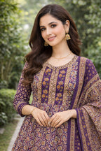 Purple Floral Printed Cotton Anarkali Set with Dupatta