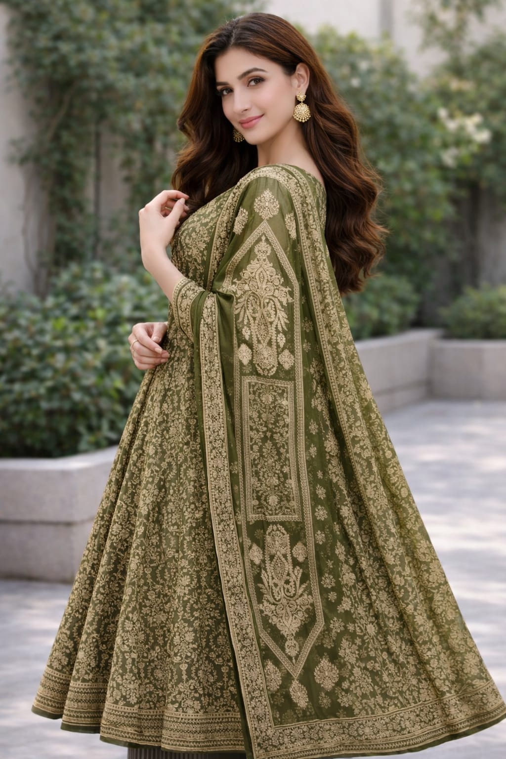 Mehandi Green Floral Anarkali Kurta Set with Hand-Embellished Sequin & Zari Detailing