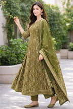 Mehandi Green Floral Anarkali Kurta Set with Hand-Embellished Sequin & Zari Detailing