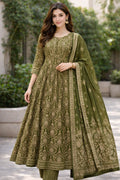 Mehandi Green Floral Anarkali Kurta Set with Hand-Embellished Sequin & Zari Detailing