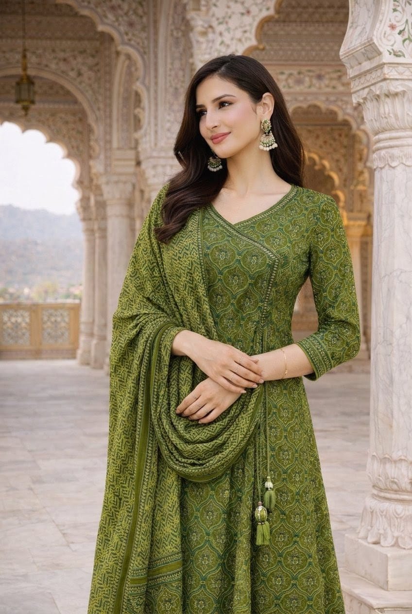 Green Printed Cotton Angrakha Anarkali Set with Embellished Yoke & Tassels
