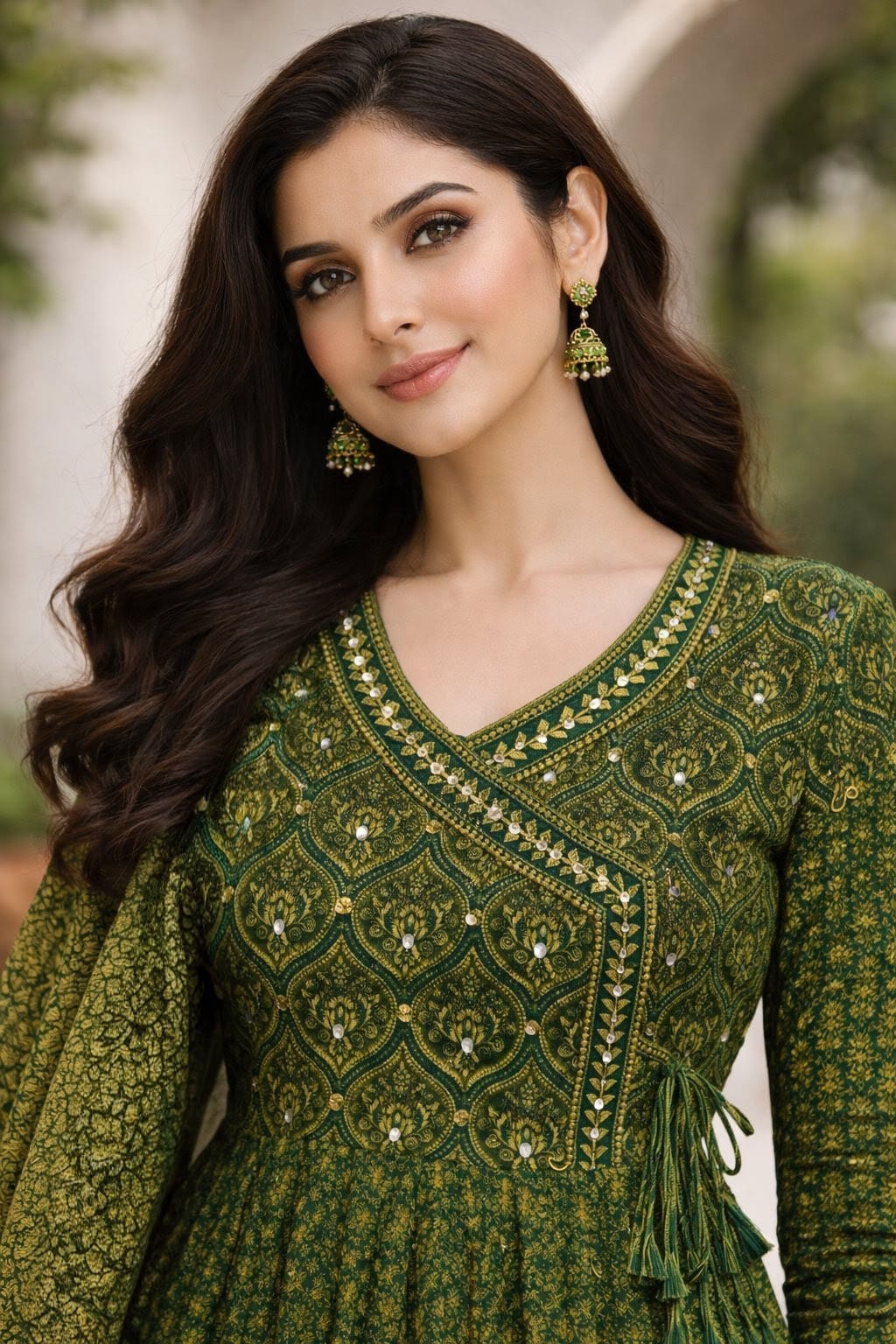 Green Printed Cotton Angrakha Anarkali Set with Embellished Yoke & Tassels