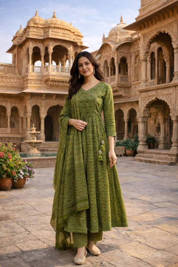 Green Printed Cotton Angrakha Anarkali Set with Embellished Yoke & Tassels