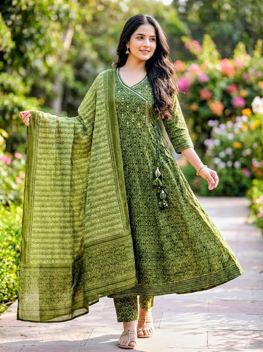 Green Printed Cotton Angrakha Anarkali Set with Embellished Yoke & Tassels