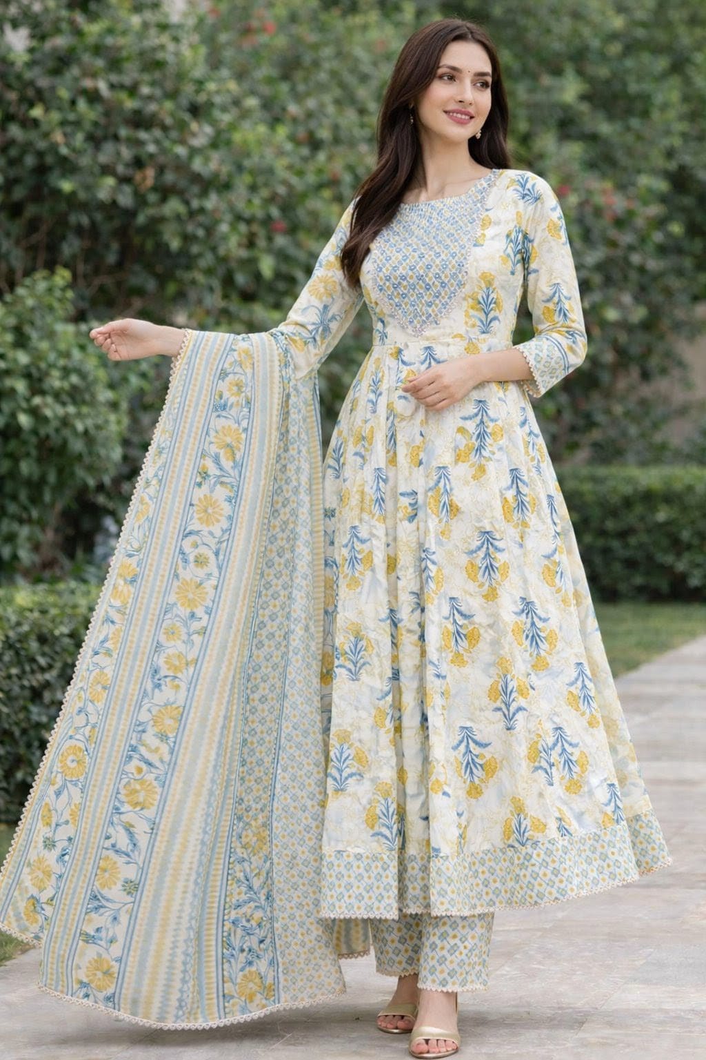 Off White Handblock Anarkali Set
