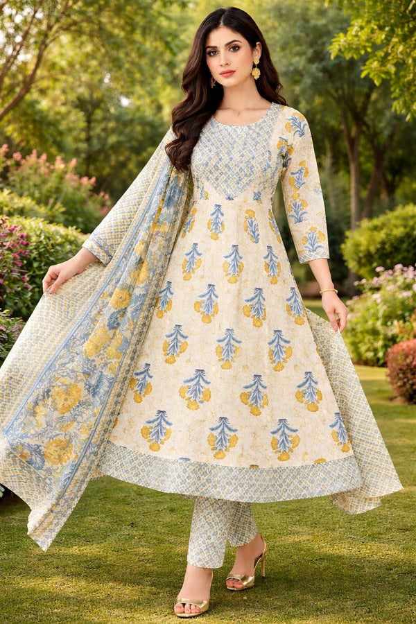 Off White Handblock Anarkali Set