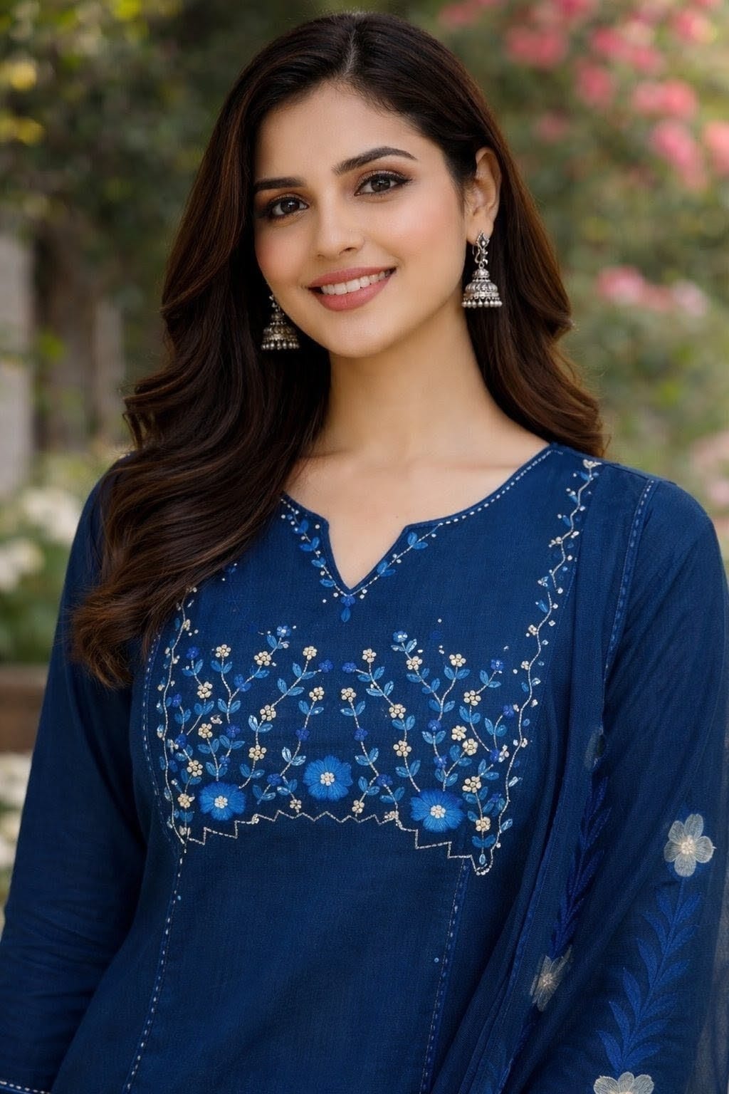 Denim Blue Cotton Straight Kurta Set with Hand Embroidery & Brush Paint Dupatta