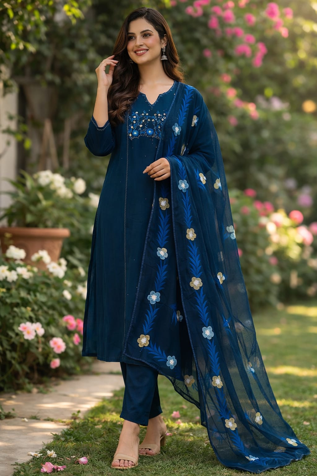 Denim Blue Cotton Straight Kurta Set with Hand Embroidery & Brush Paint Dupatta