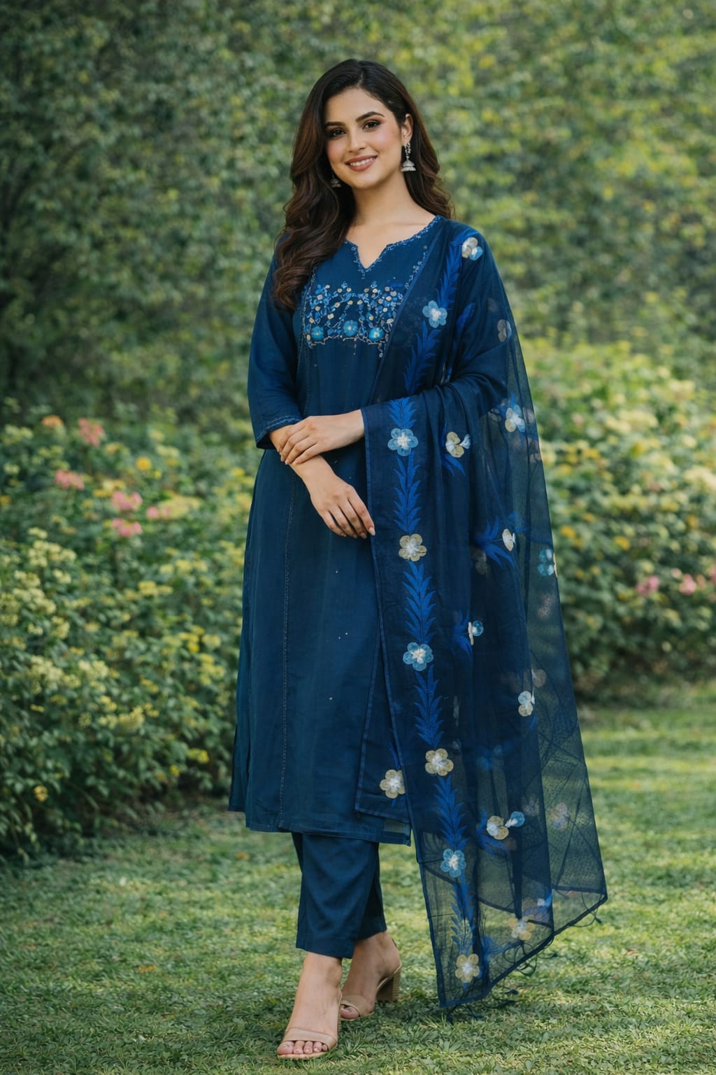 Denim Blue Cotton Straight Kurta Set with Hand Embroidery & Brush Paint Dupatta