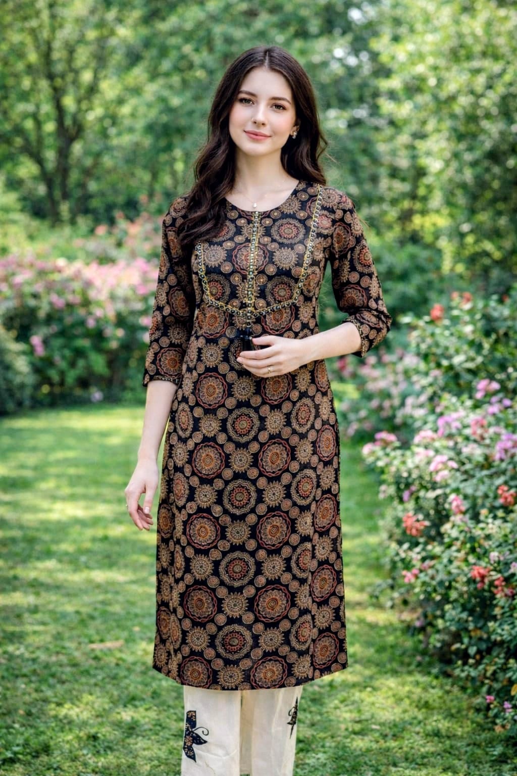 Black Digital Mandala Coord Set with Sequin Neckline & Applique Pants