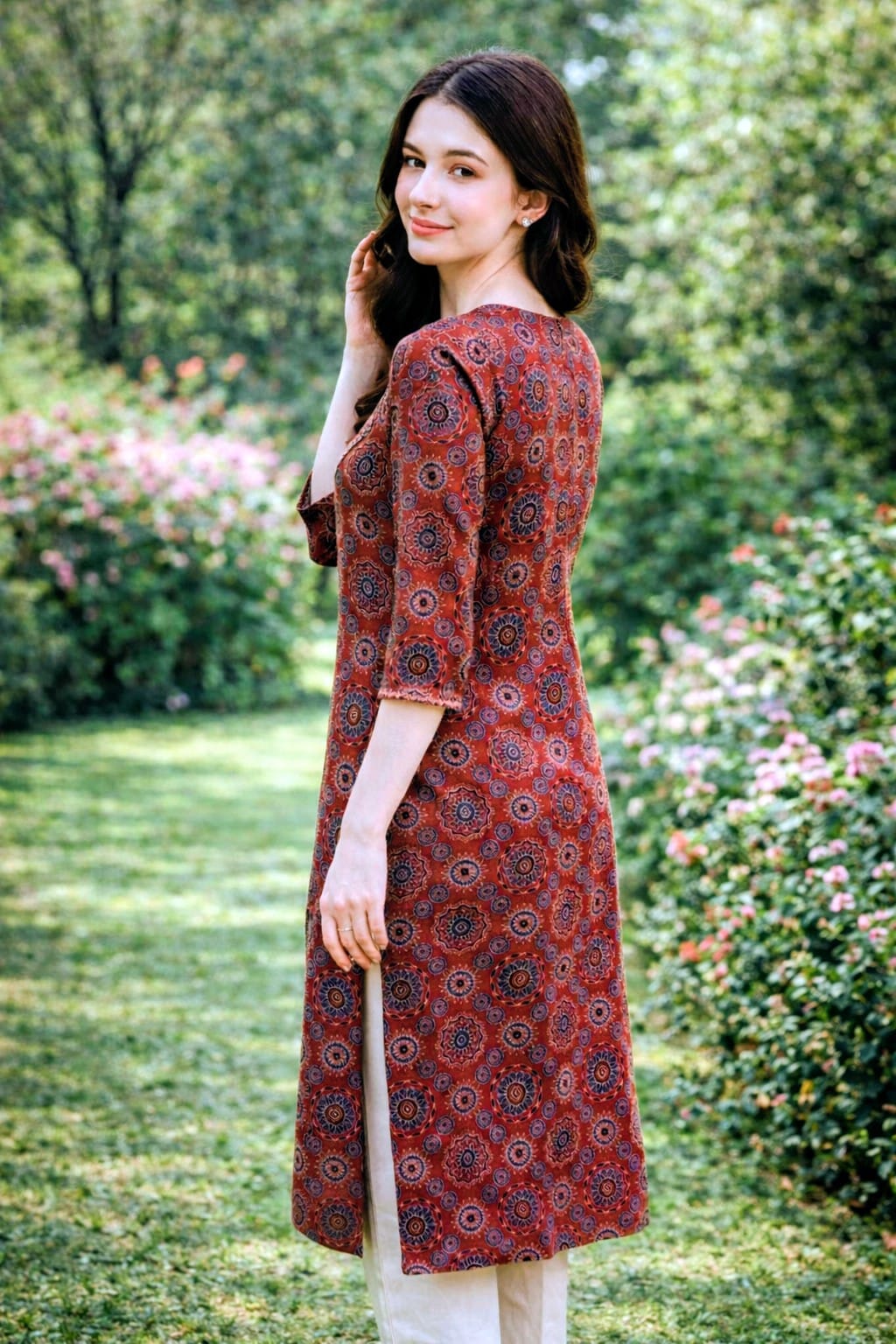 Rust Red Mandala Print Coord Set with Sequin Mirror Work