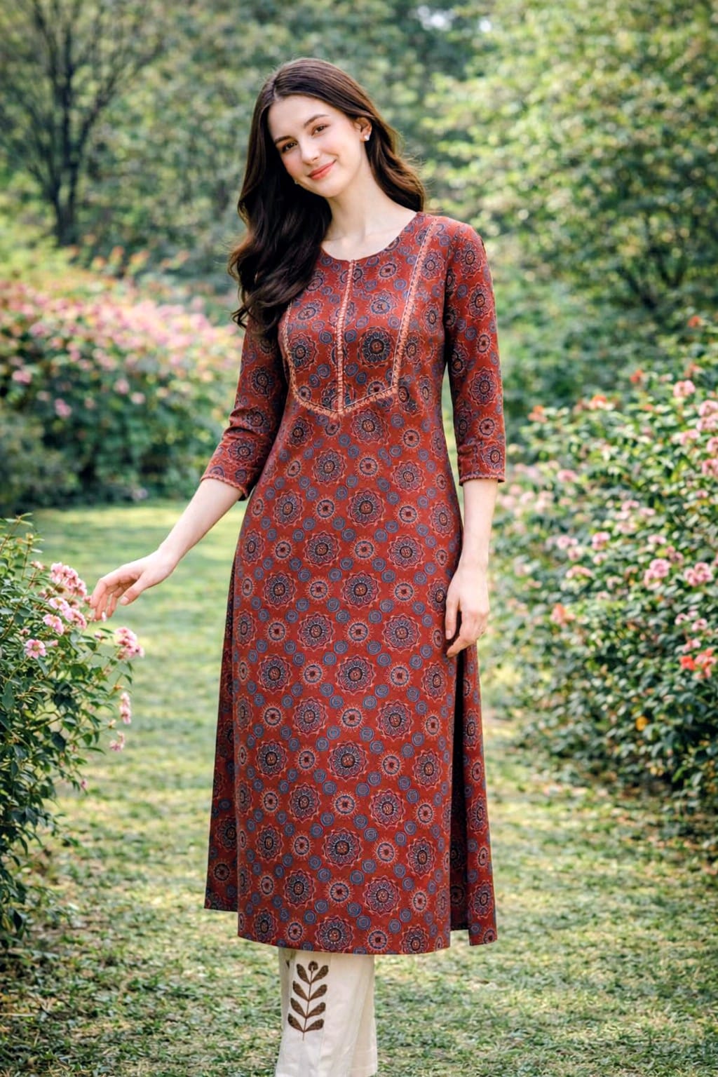 Rust Red Mandala Print Coord Set with Sequin Mirror Work