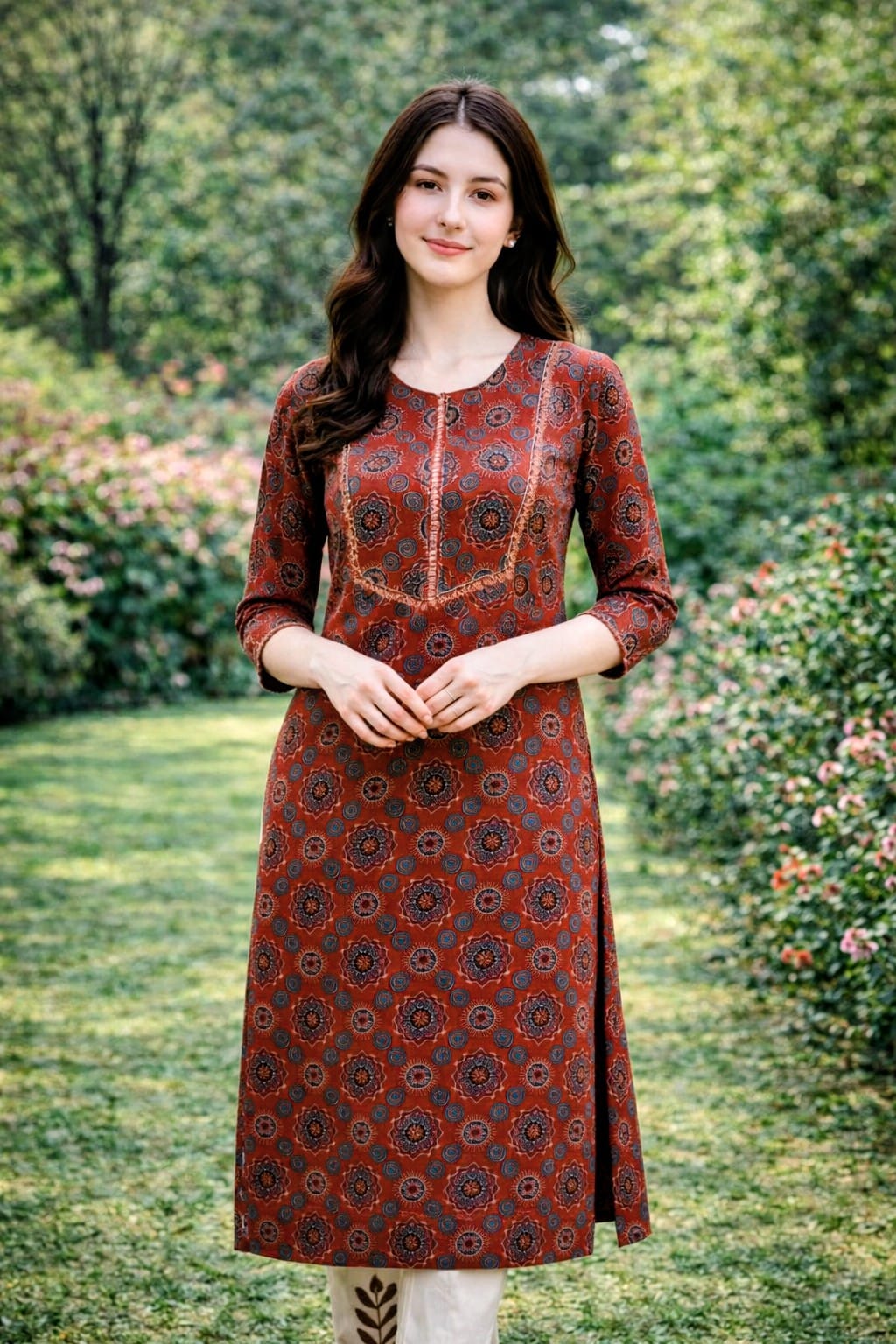 Rust Red Mandala Print Coord Set with Sequin Mirror Work